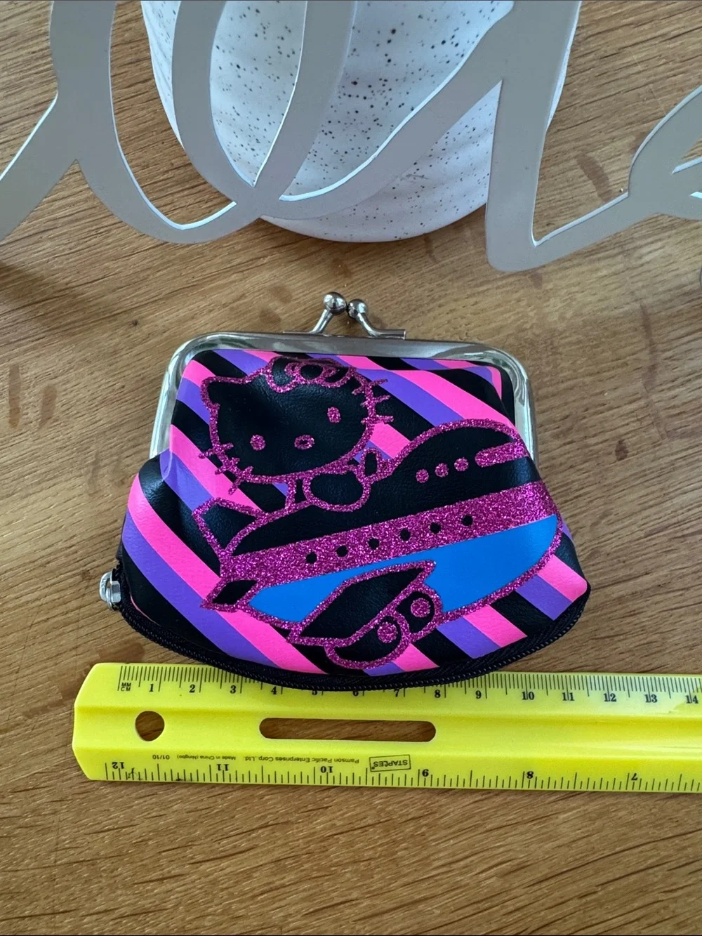 Hello Kitty Black, Pink & Purple Glitter Stripe Kiss-Lock Coin Purse